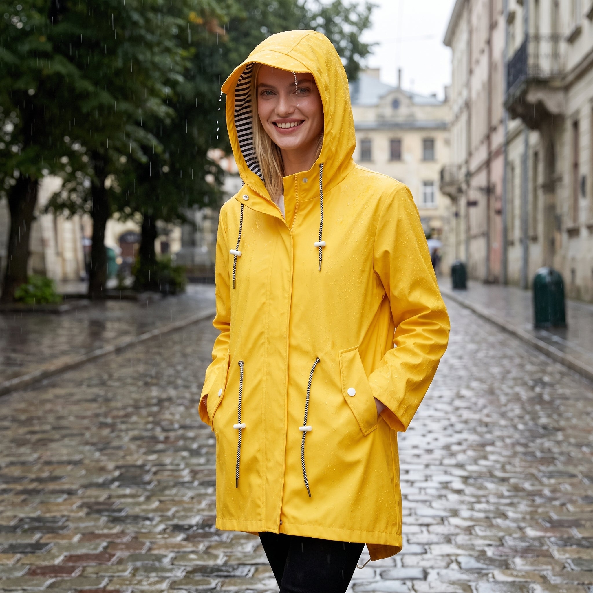 Women's Rain Jacket Adjustable Hooded Raincoat Drawstring - in-use