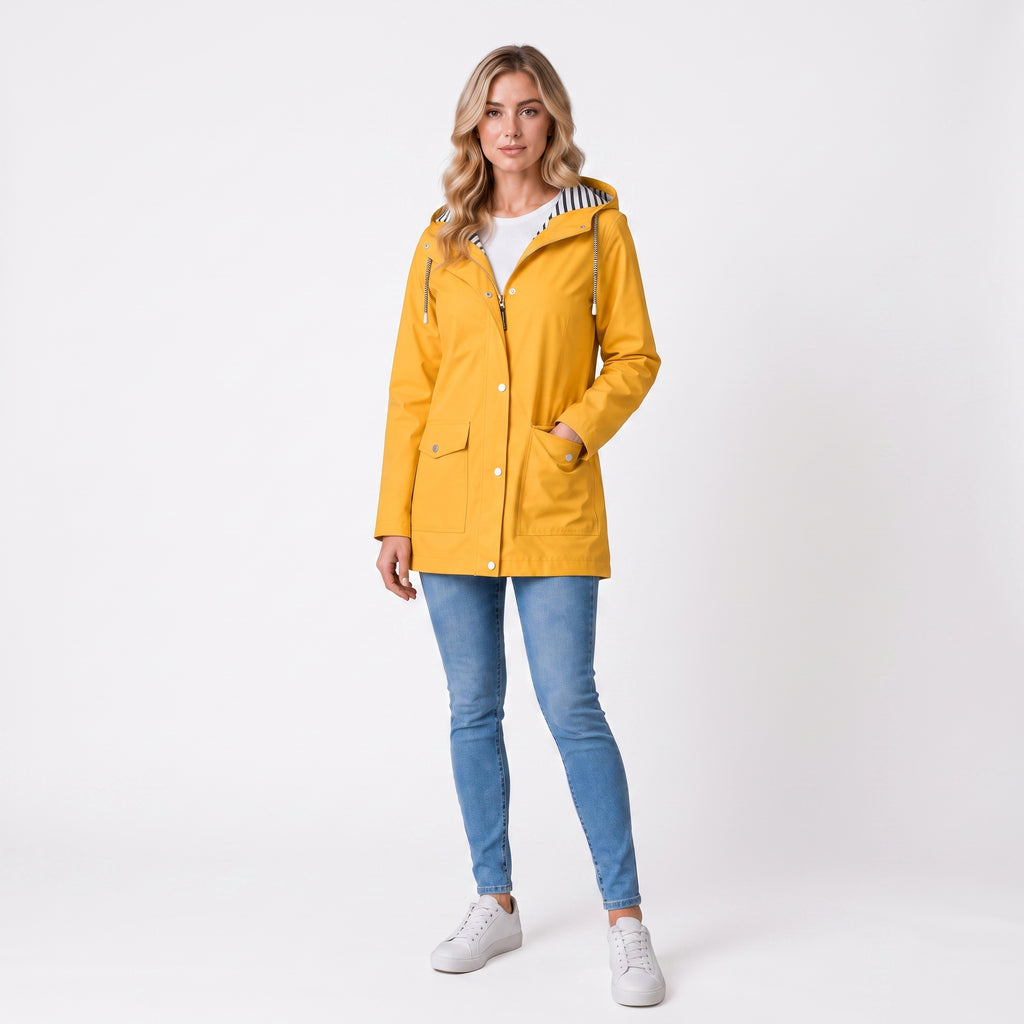 Women's Rain Jacket Waterproof Hip-Length Coat Button-Front - studio