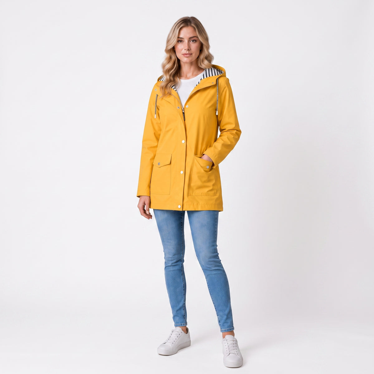 Women's Rain Jacket Waterproof Hip-Length Coat Button-Front - studio