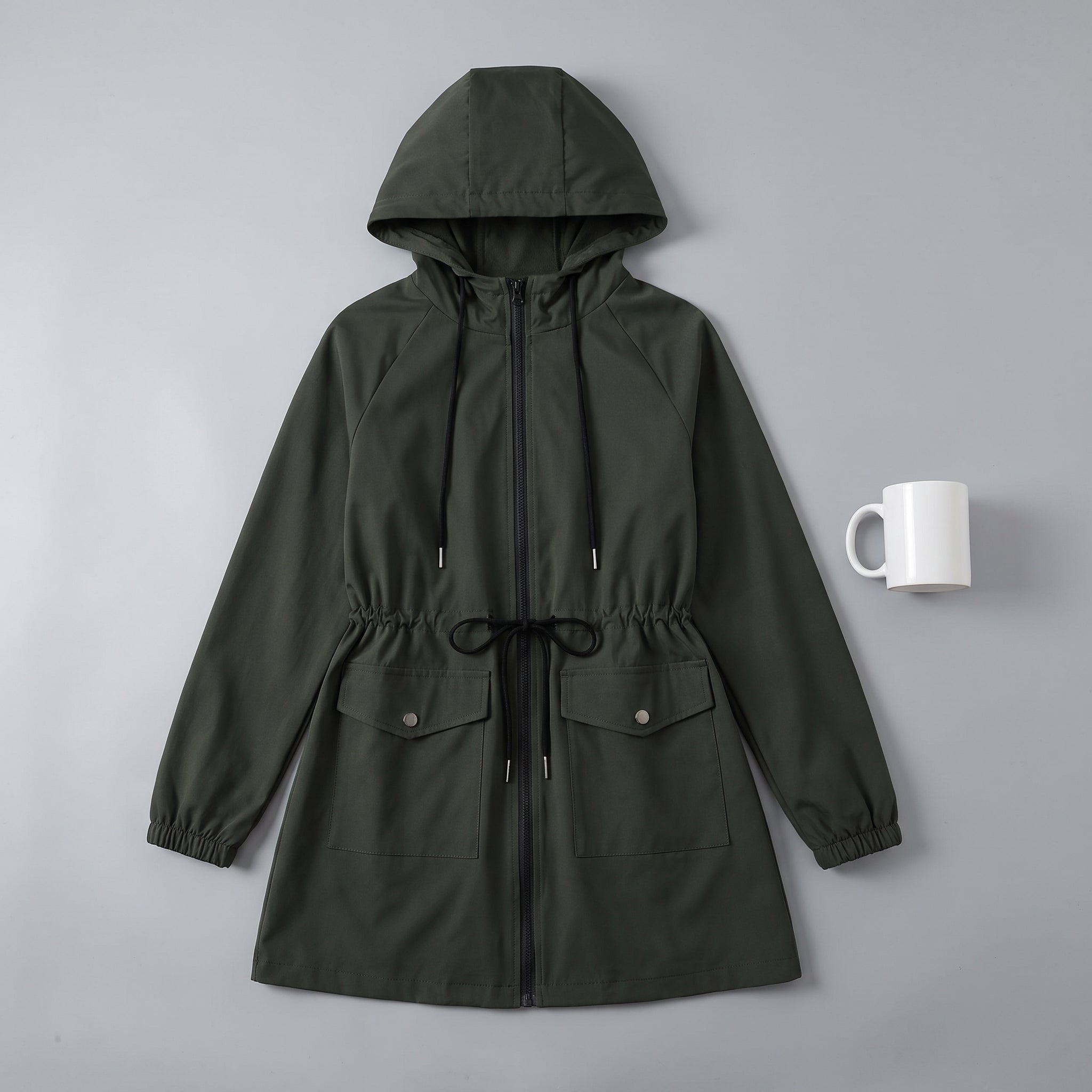 Women's Transitional Jacket Adjustable Hooded Anorak Drawstring-Waist - scale