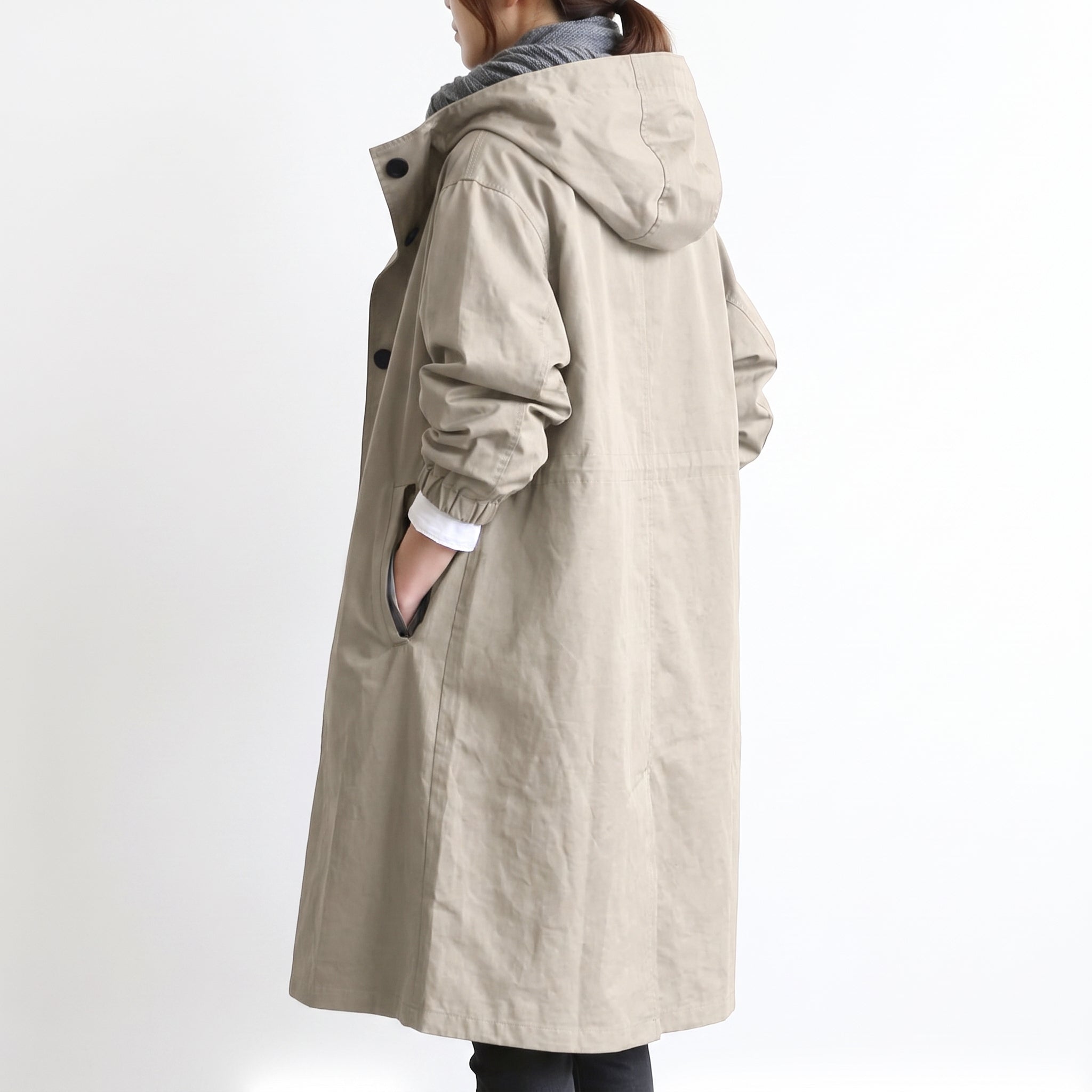 Women's Hooded Trench Coat Long Button-Front - angle