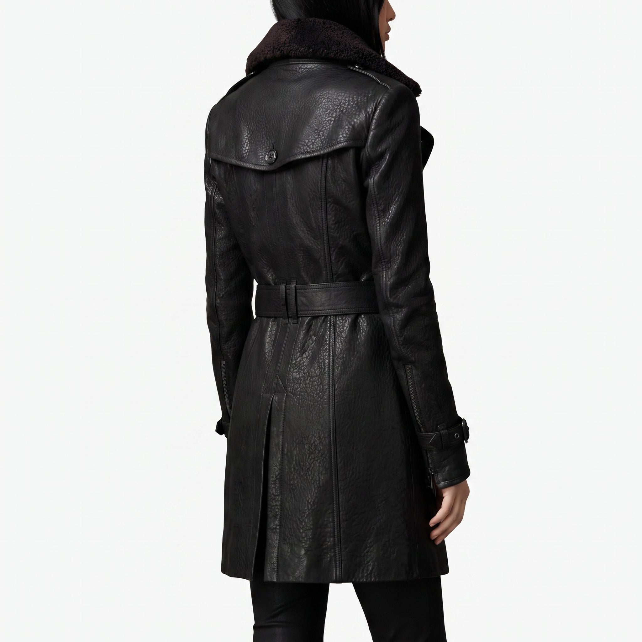 Leather Trench Coat Double Breasted Longline - angle