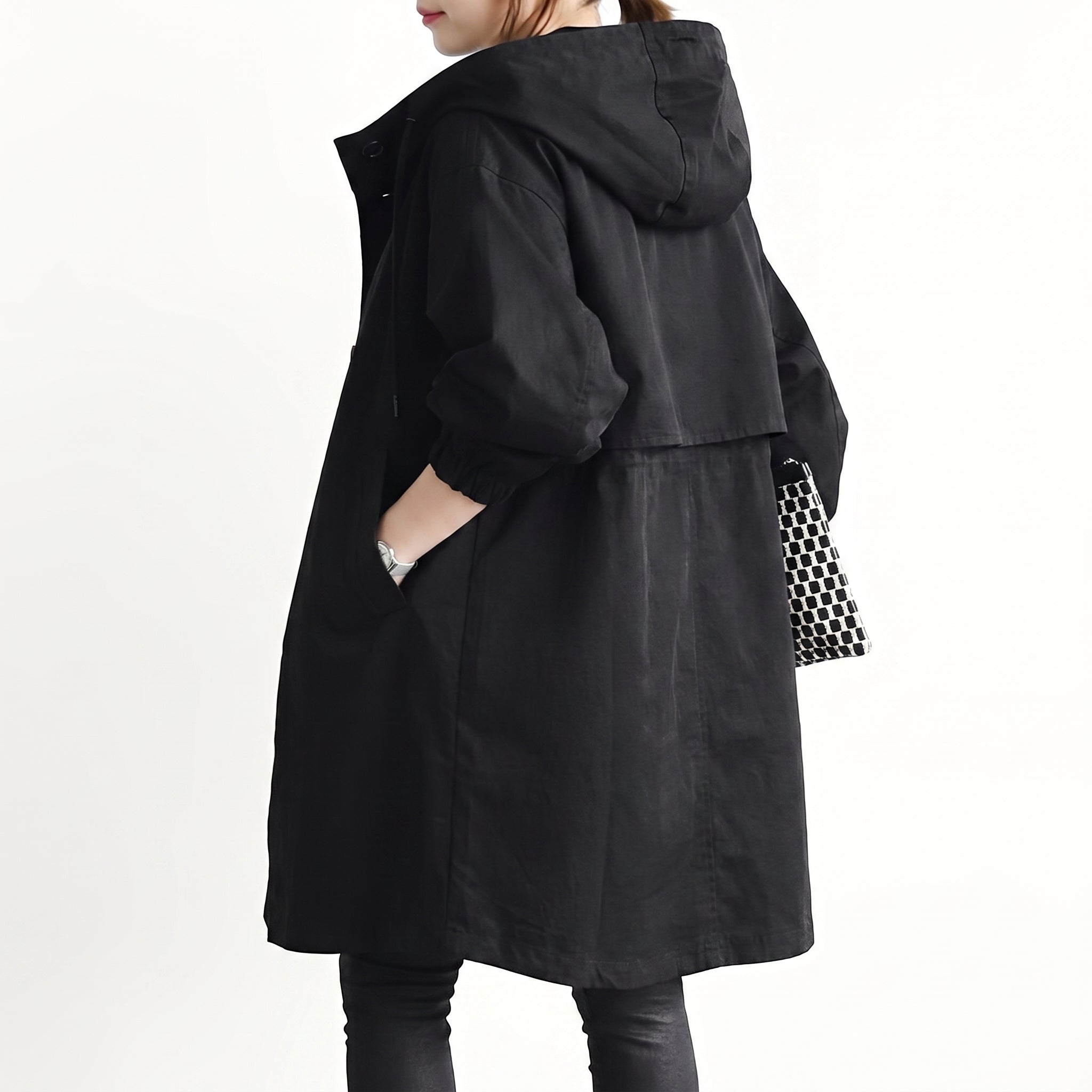 Women's Hooded Trench Coat Single-Breasted Knee-Length Pockets - angle