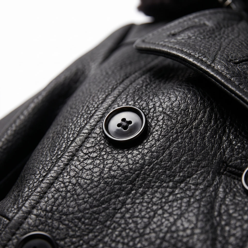 Leather Trench Coat Double Breasted Longline - detail