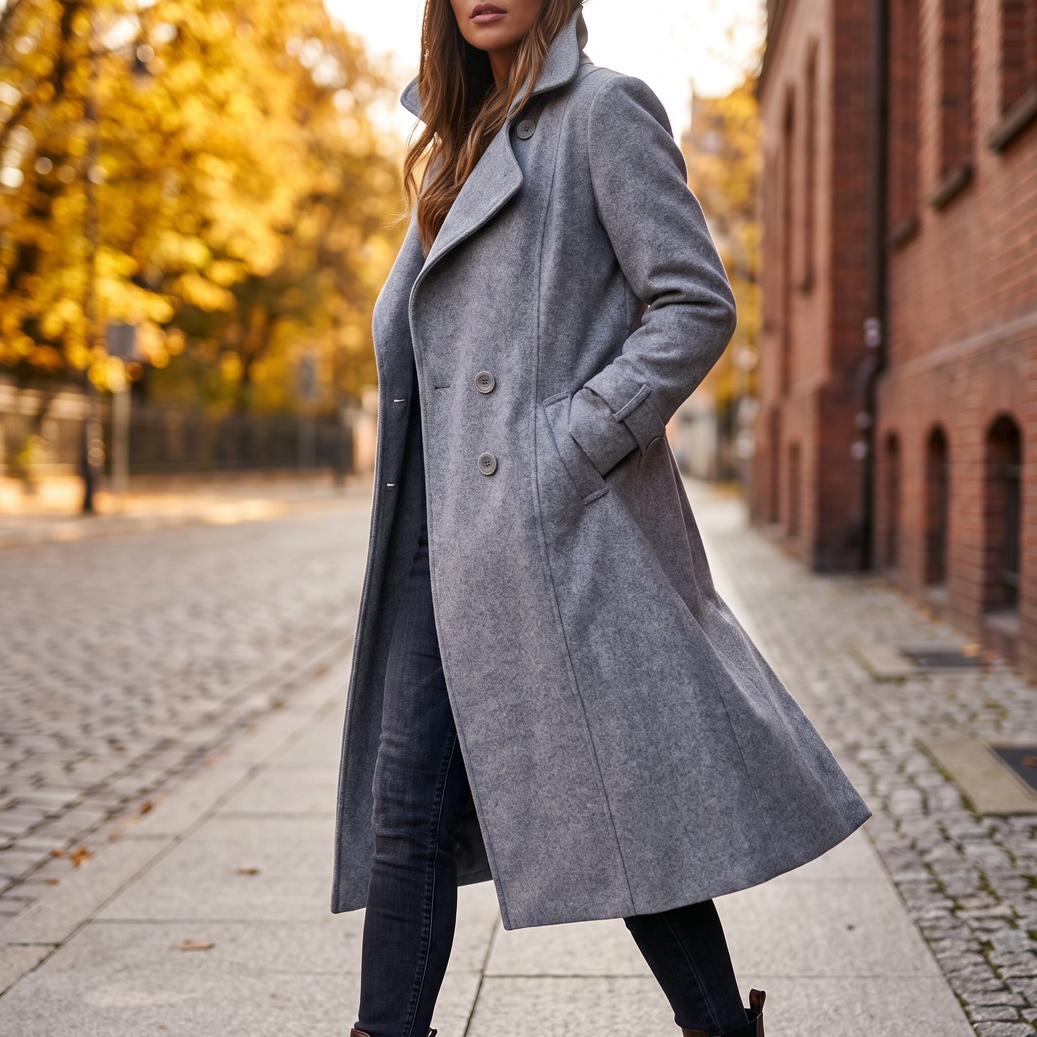 Women's Trench Coat Double-Breasted Longline With Lapels - in-use