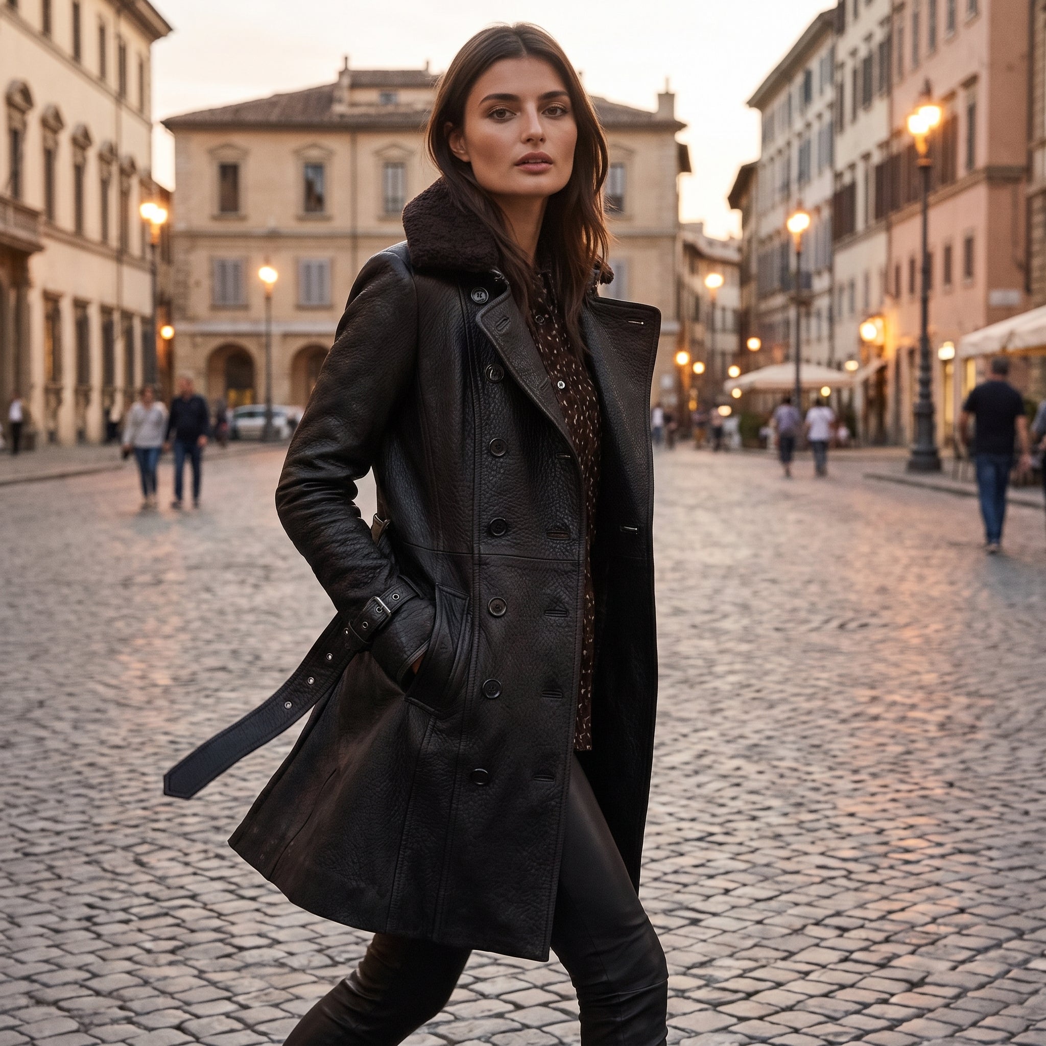 Leather Trench Coat Double Breasted Longline - in-use