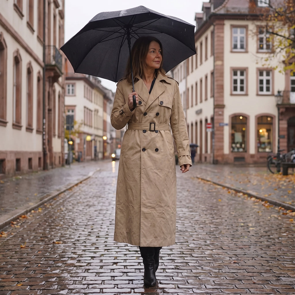 Women's Trench Coat with Supportive Longline and Double-Breasted Front - in-use