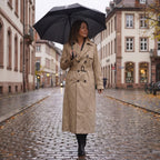 Women's Trench Coat with Supportive Longline and Double-Breasted Front - in-use