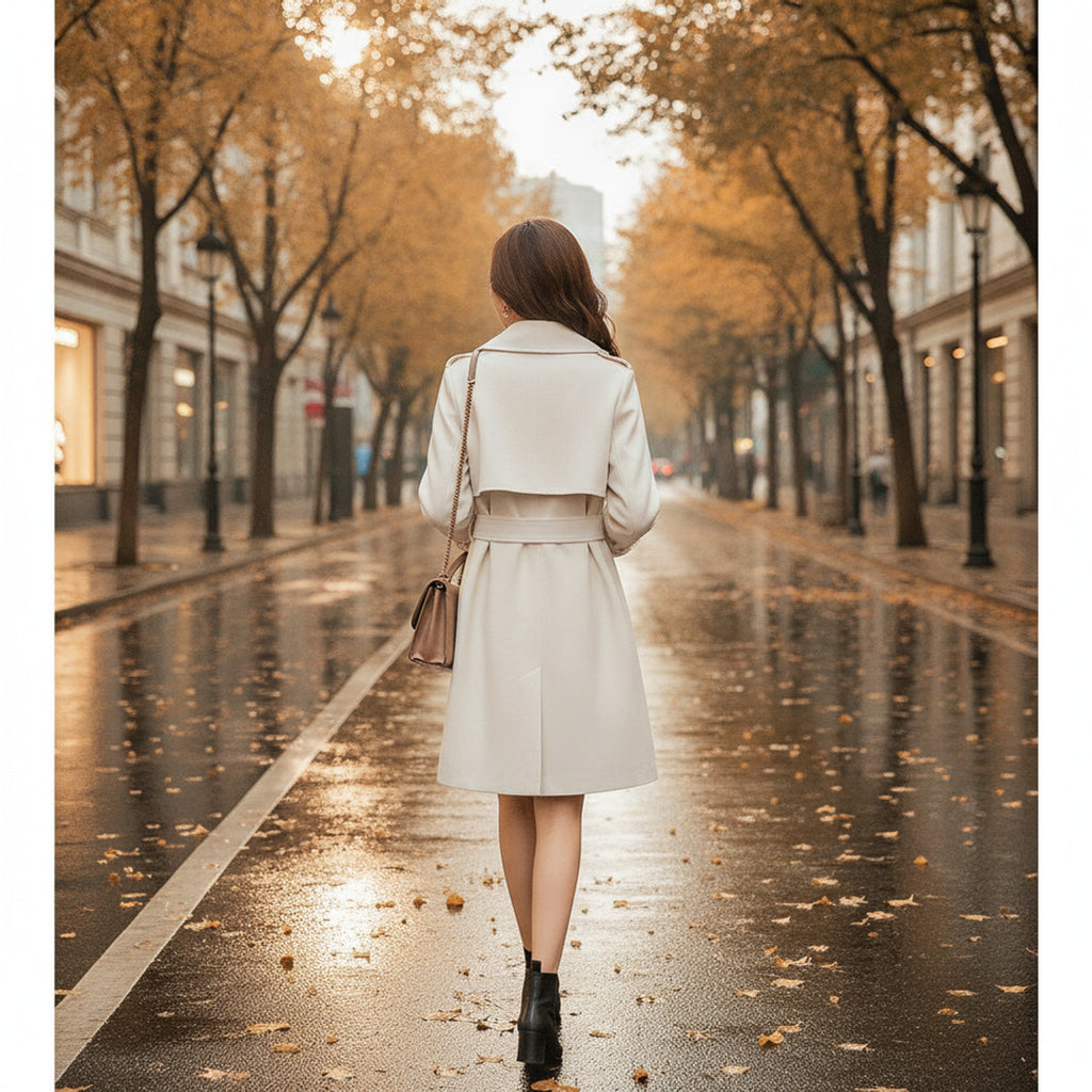 Women's Trench Coat With Double-Breasted Front Belted Lapel And Defined Waist For A Tailored Fit - in-use