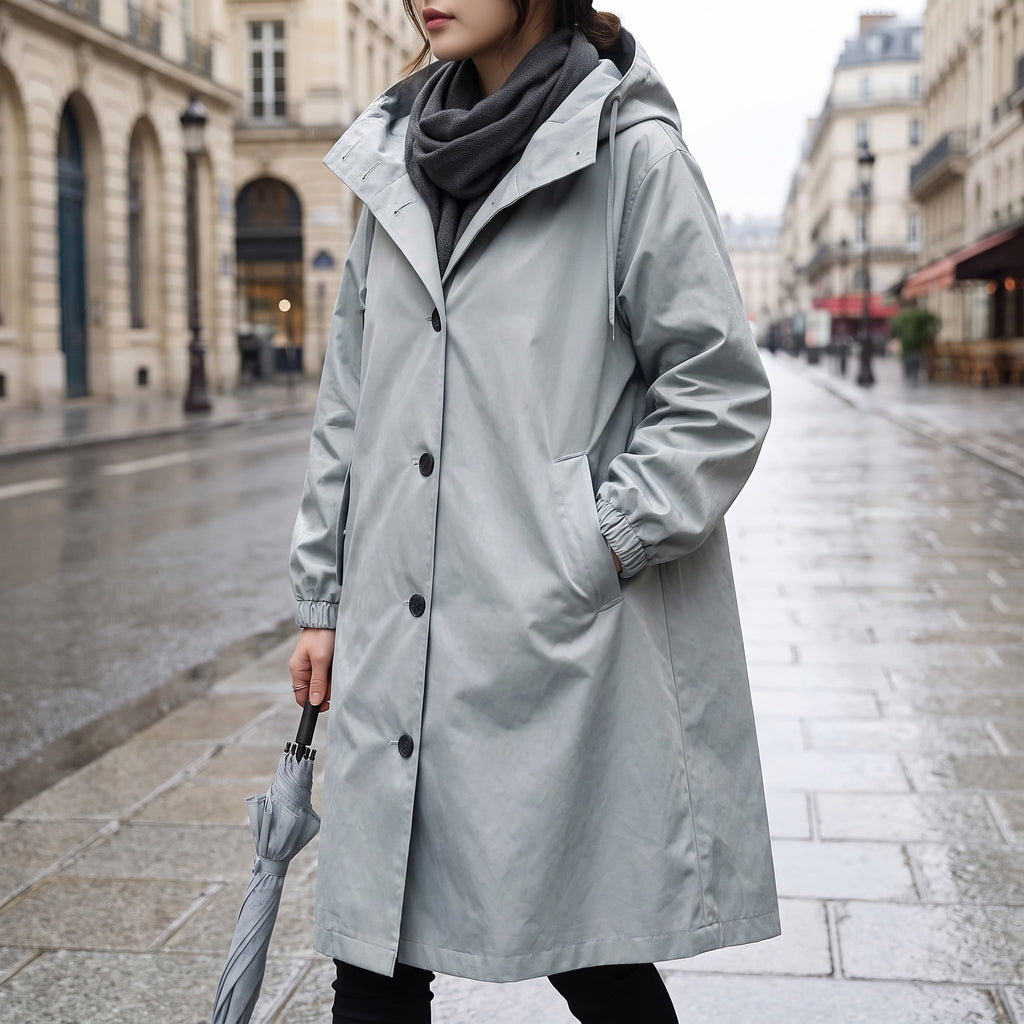 Women's Hooded Trench Coat Single-Breasted Knee-Length Pockets - in-use