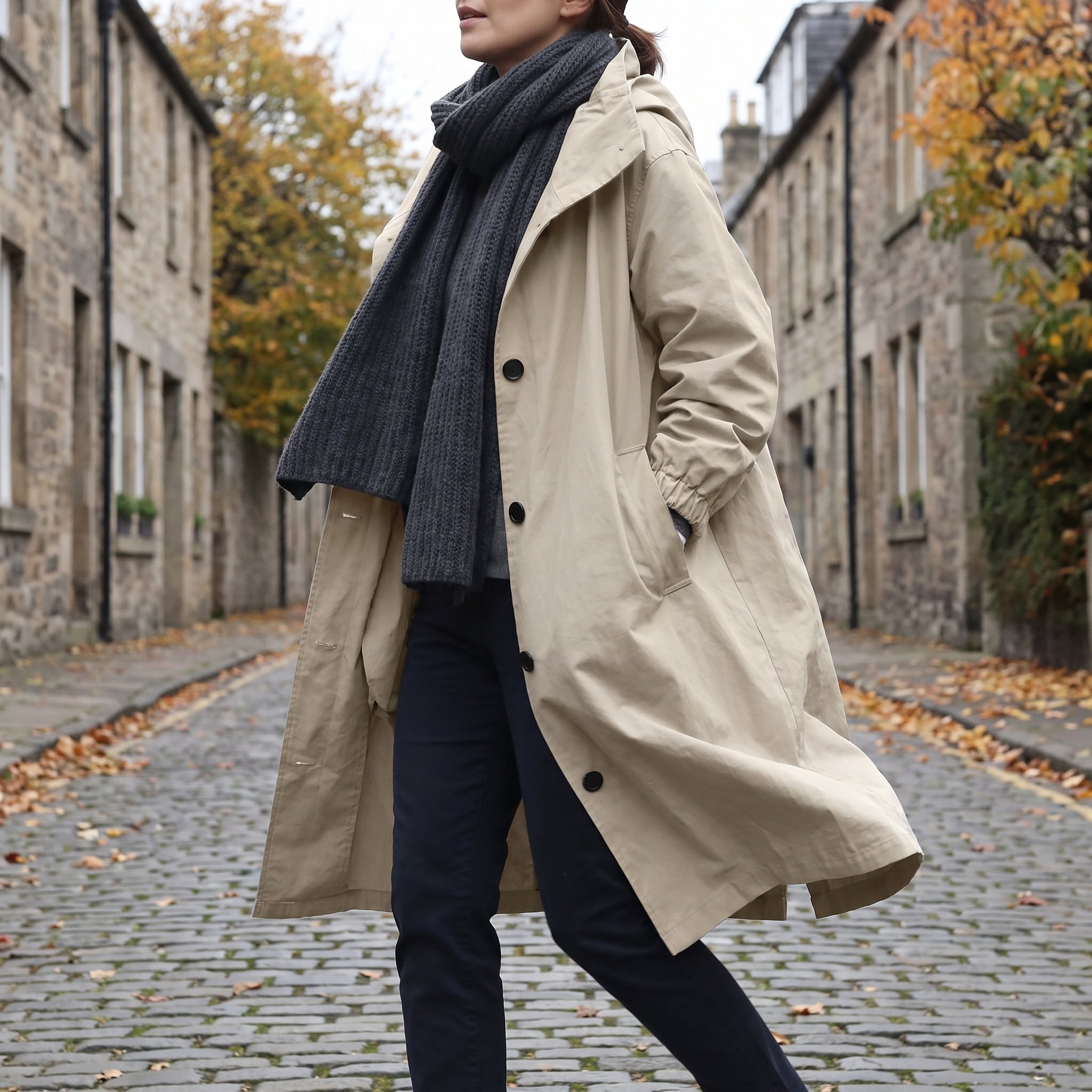 Women's Hooded Trench Coat Long Button-Front - in-use