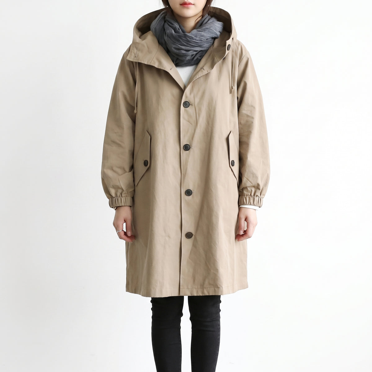 Women's Hooded Trench Coat Single-Breasted Knee-Length Pockets - studio