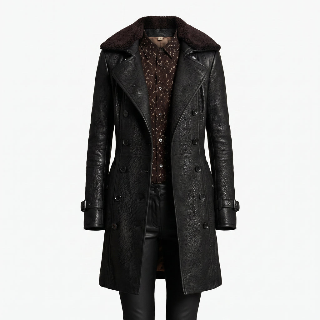 Leather Trench Coat Double Breasted Longline - studio