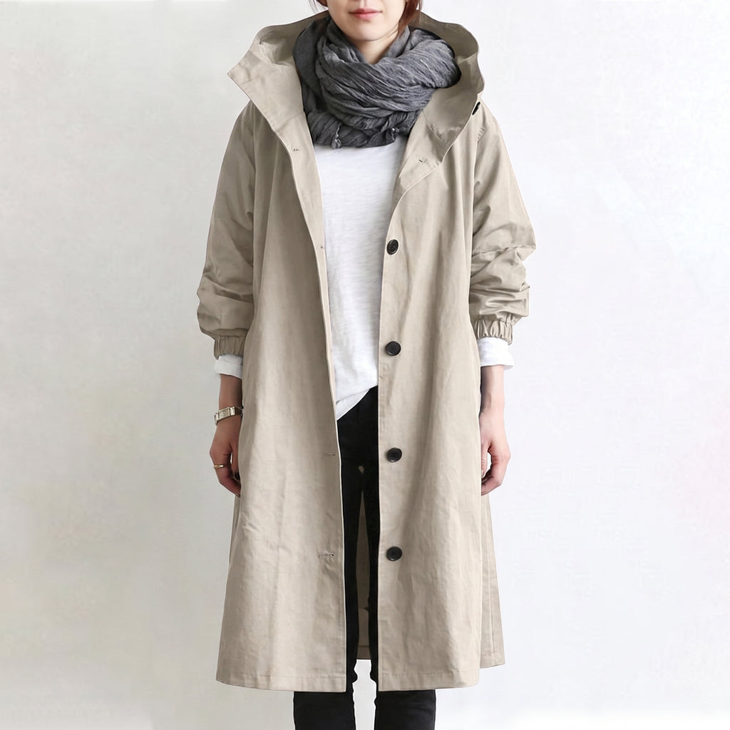 Women's Hooded Trench Coat Long Button-Front - studio