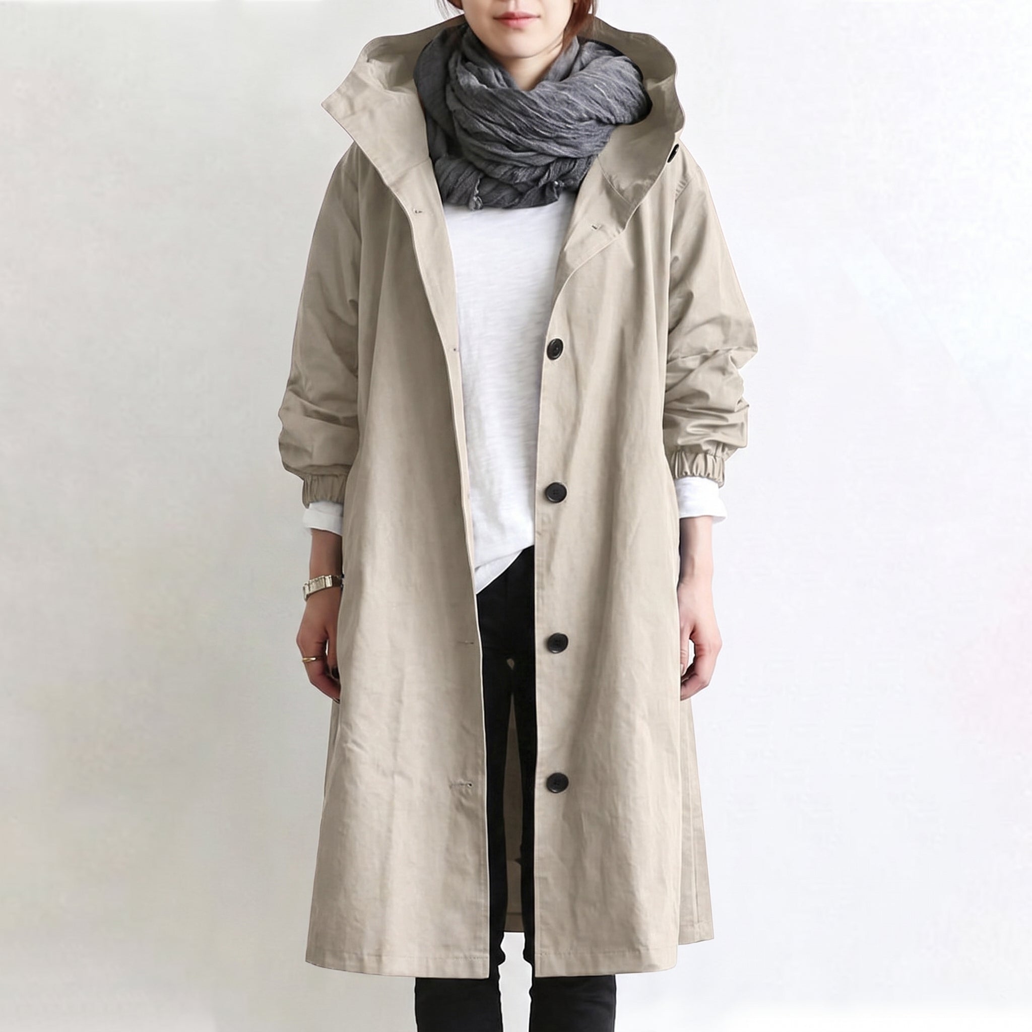 Women's Hooded Trench Coat Long Button-Front - studio