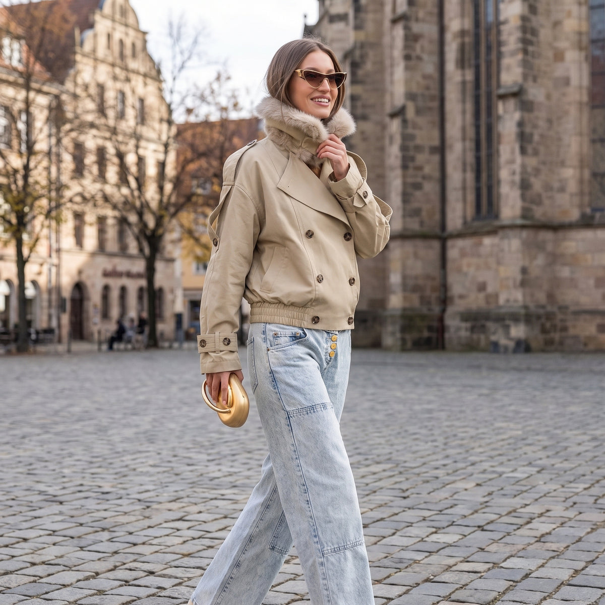 Cropped Trench Coat Double Breasted With Collar - in-use