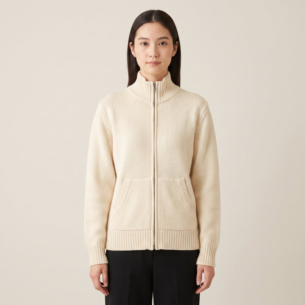 Women's Zip Cardigan Knitted With Funnel Neck Full-Zip Front Pockets - hero