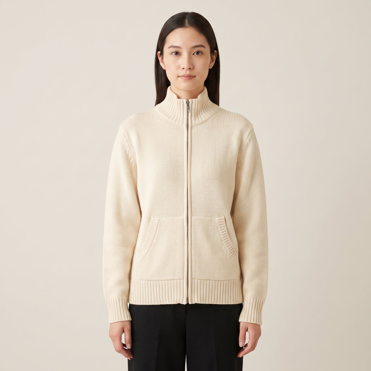 Women's Zip Cardigan Knitted With Funnel Neck Full-Zip Front Pockets - hero