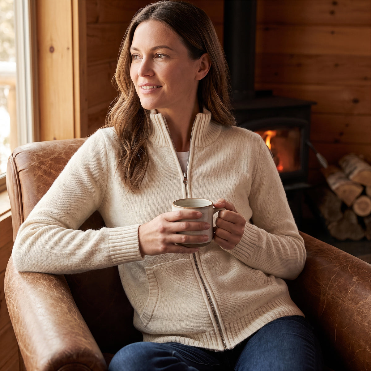 Women's Zip Cardigan Knitted With Funnel Neck Full-Zip Front Pockets - in-use