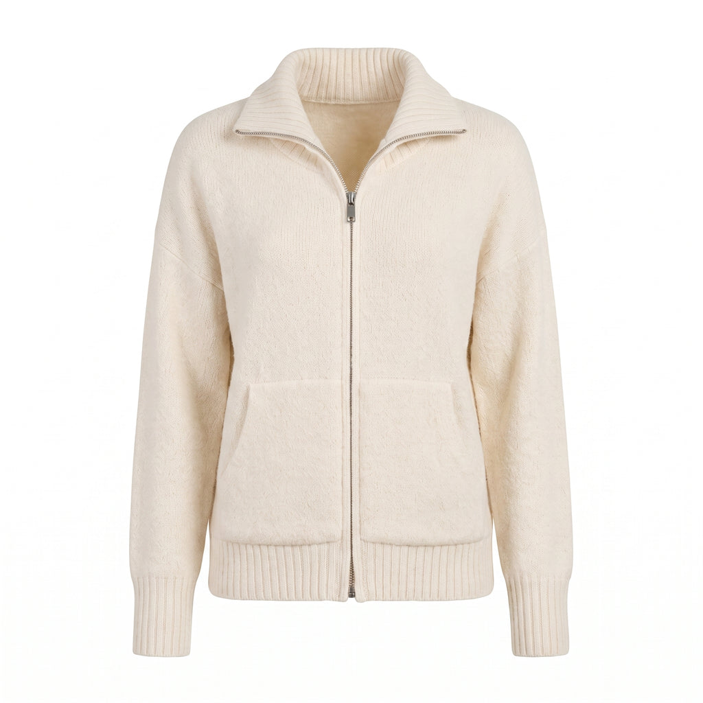Women's Zip Cardigan Knitted With Funnel Neck Full-Zip Front Pockets - studio