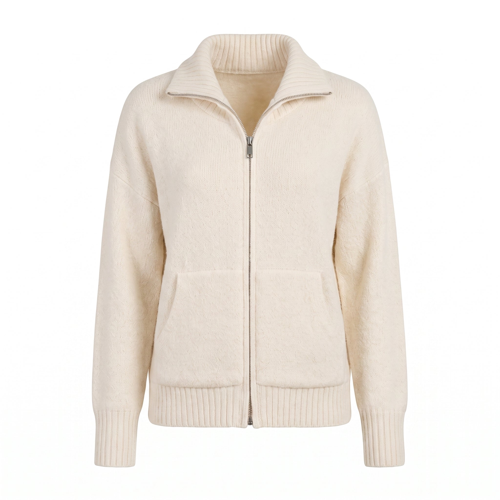 Women's Zip Cardigan Knitted With Funnel Neck Full-Zip Front Pockets - studio