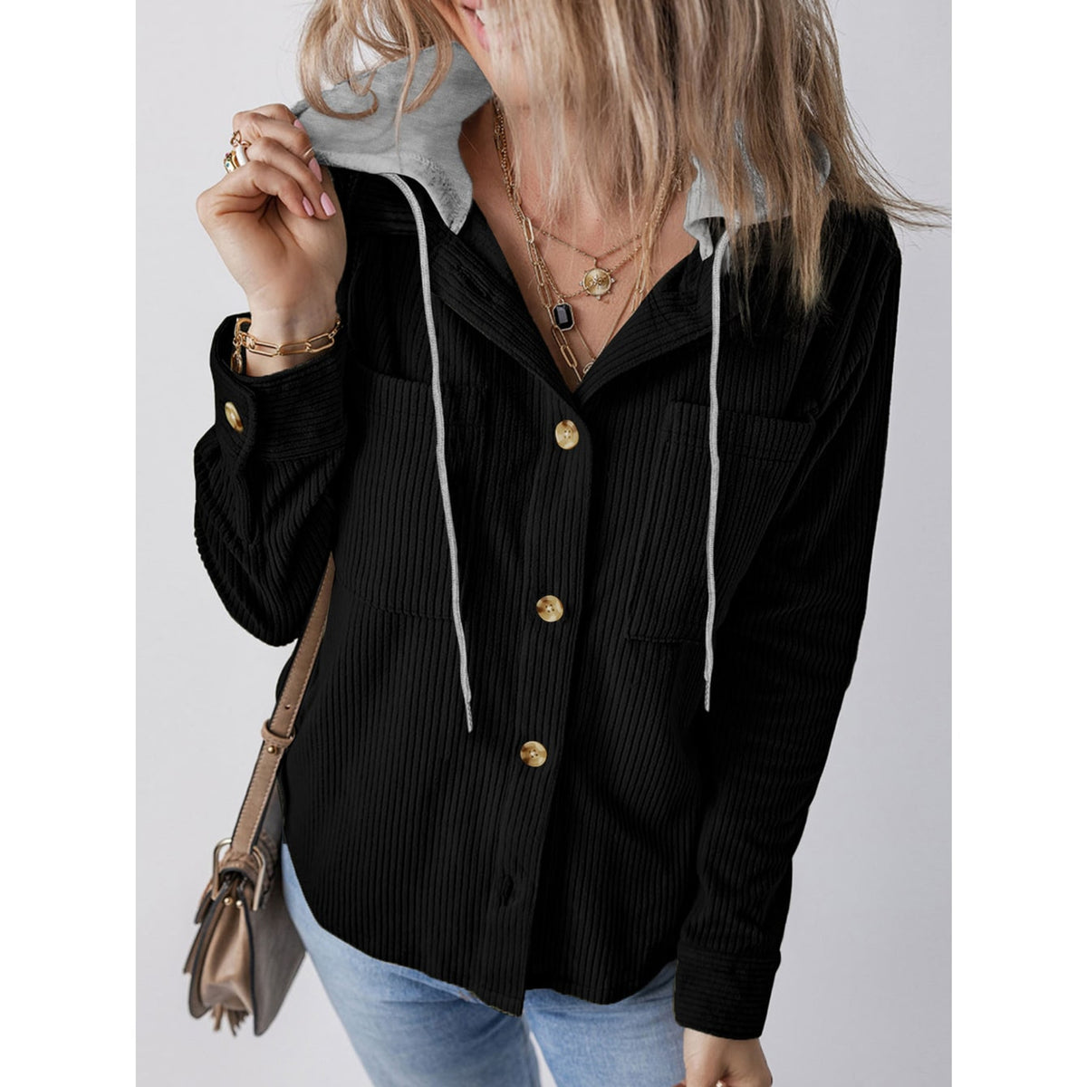 Women Shacket with Relaxed Hooded Knit and Detachable Hood - Image 4