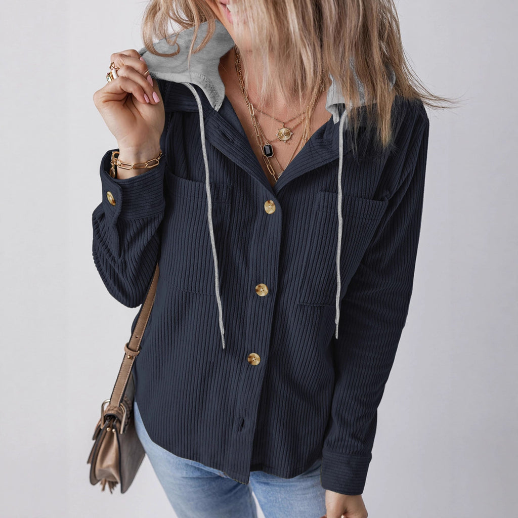 Women Shacket with Relaxed Hooded Knit and Detachable Hood - Image 5