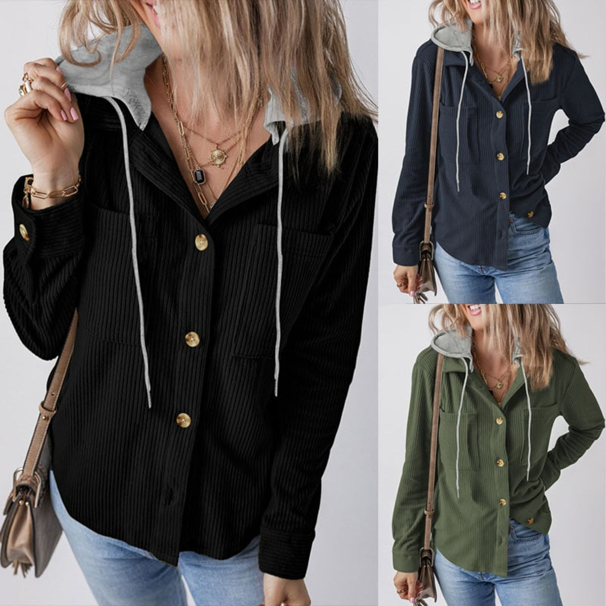 Women Shacket with Relaxed Hooded Knit and Detachable Hood - Image 6