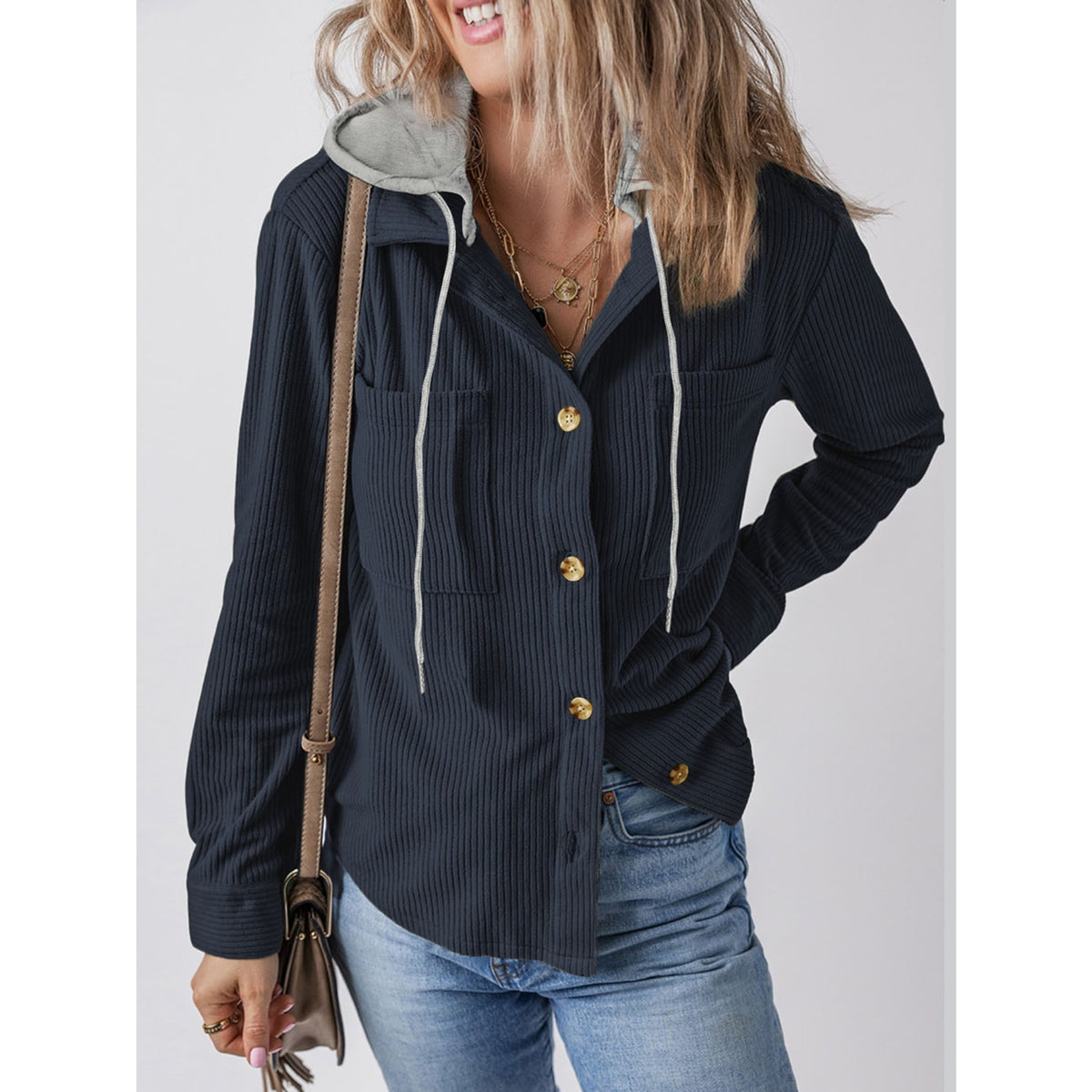 Women Shacket with Relaxed Hooded Knit and Detachable Hood - Image 7