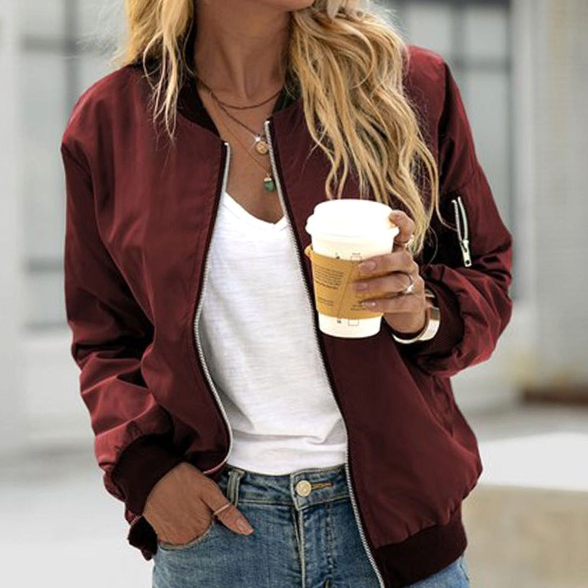 Women's Bomber Jacket with Relaxed Casual Fit and Zip-Up - Image 2