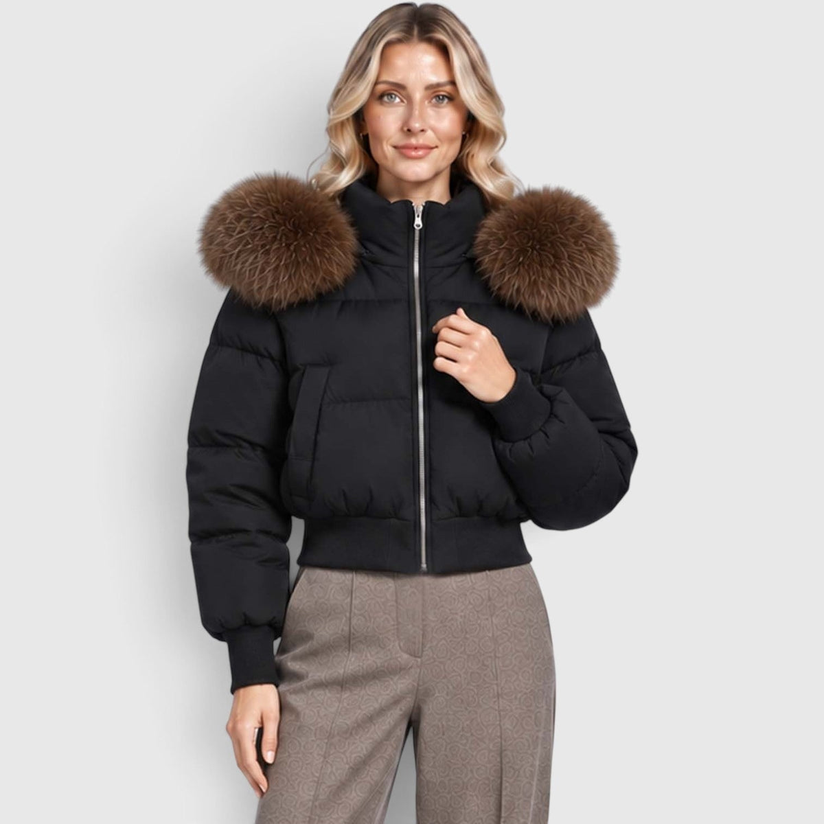 Women's Cropped Puffer Jacket With Lined Collar And Waist Pockets - Image 7