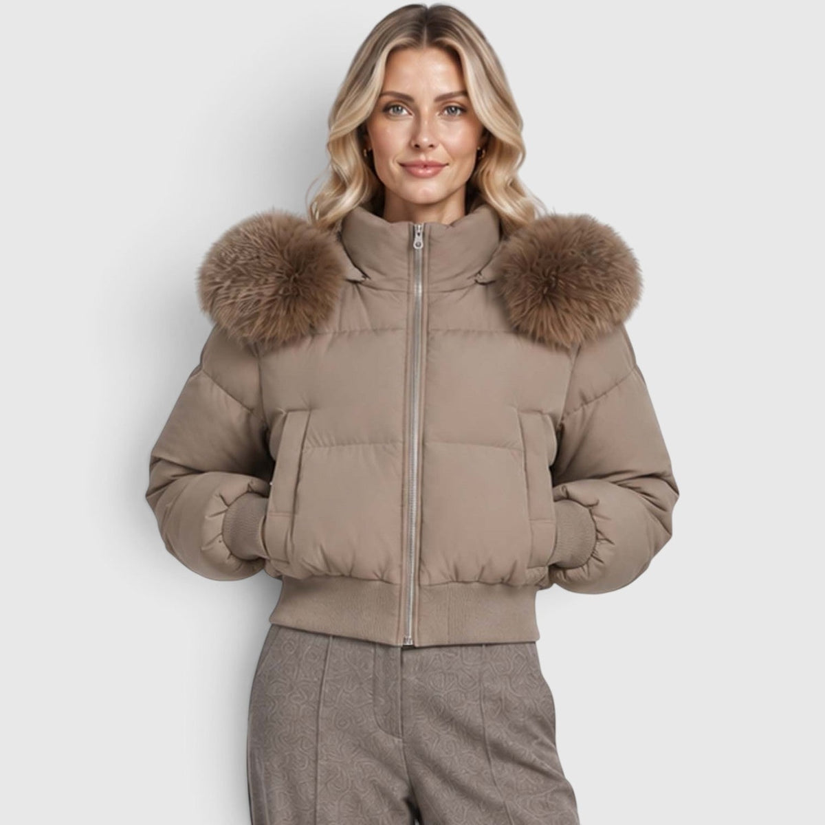 Women's Cropped Puffer Jacket With Lined Collar And Waist Pockets - Image 8