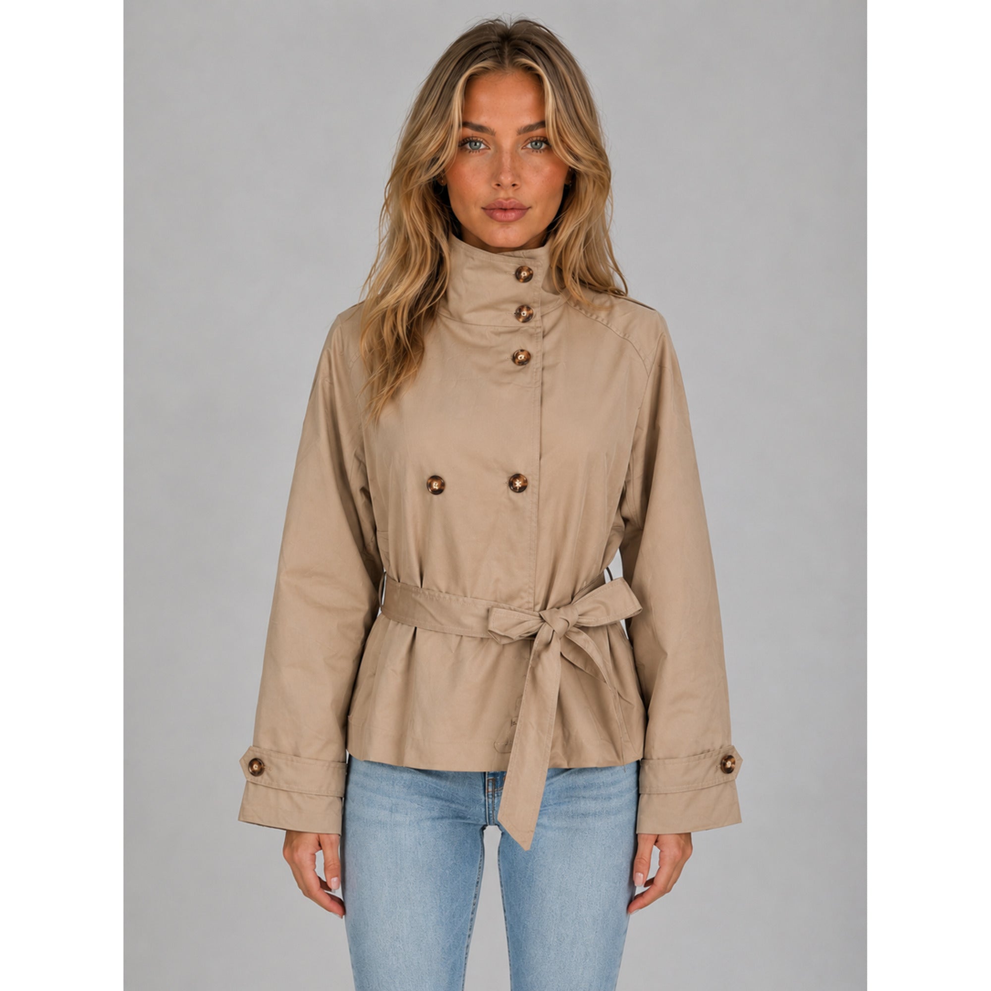 Women's Cropped Trench Coat Belted Double-Breasted - Image 1