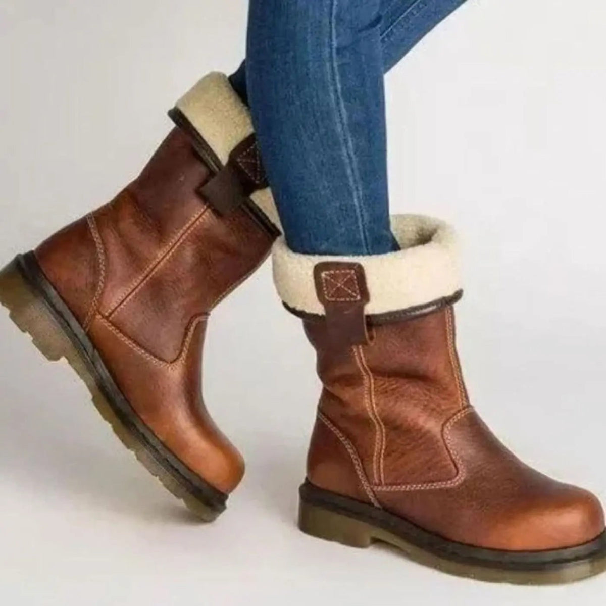 Women's Fleece Lined Leather Boots with Warm Mid-Calf and Slip-On - Image 1
