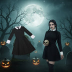 Women's Gothic Schoolgirl Halloween Costume Dress With White Collar And Iconic Aesthetic - Image 1