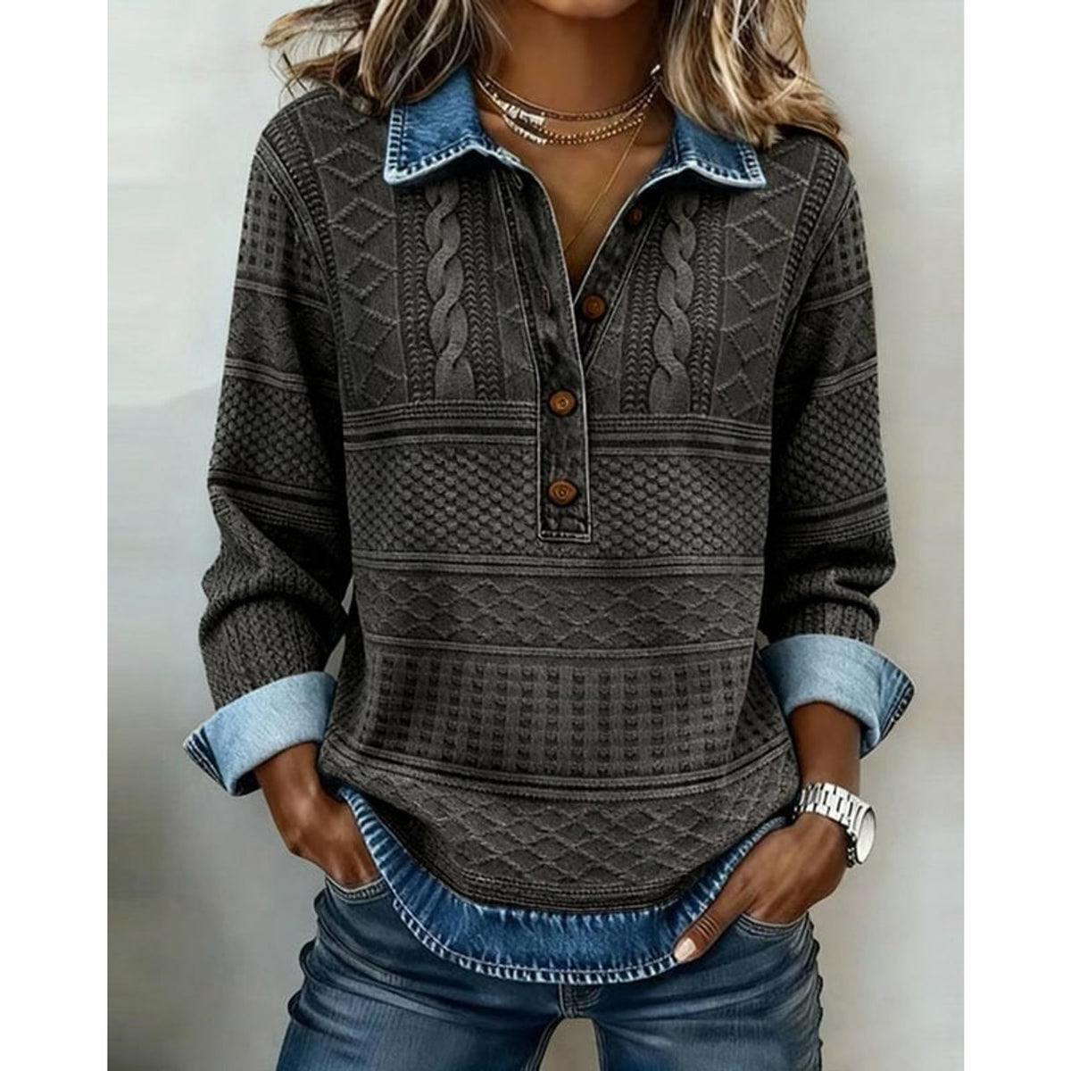 Women's Half-Button Collar Cable Knit Pullover Sweater - Image 2