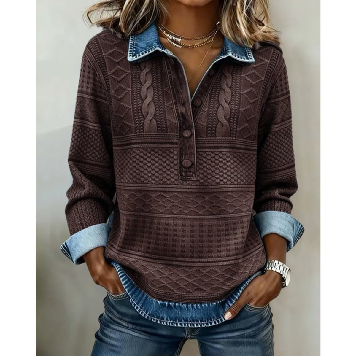 Women's Half-Button Collar Cable Knit Pullover Sweater - Image 3