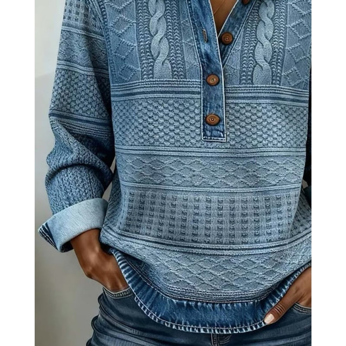 Women's Half-Button Collar Cable Knit Pullover Sweater - Image 4
