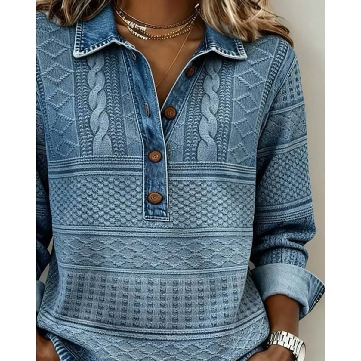 Women's Half-Button Collar Cable Knit Pullover Sweater - Image 5