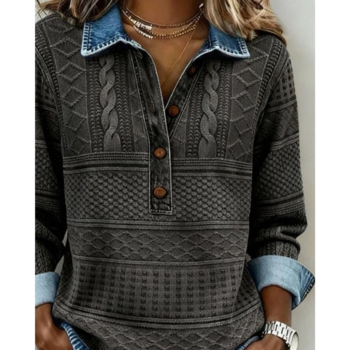 Women's Half-Button Collar Cable Knit Pullover Sweater - Image 7
