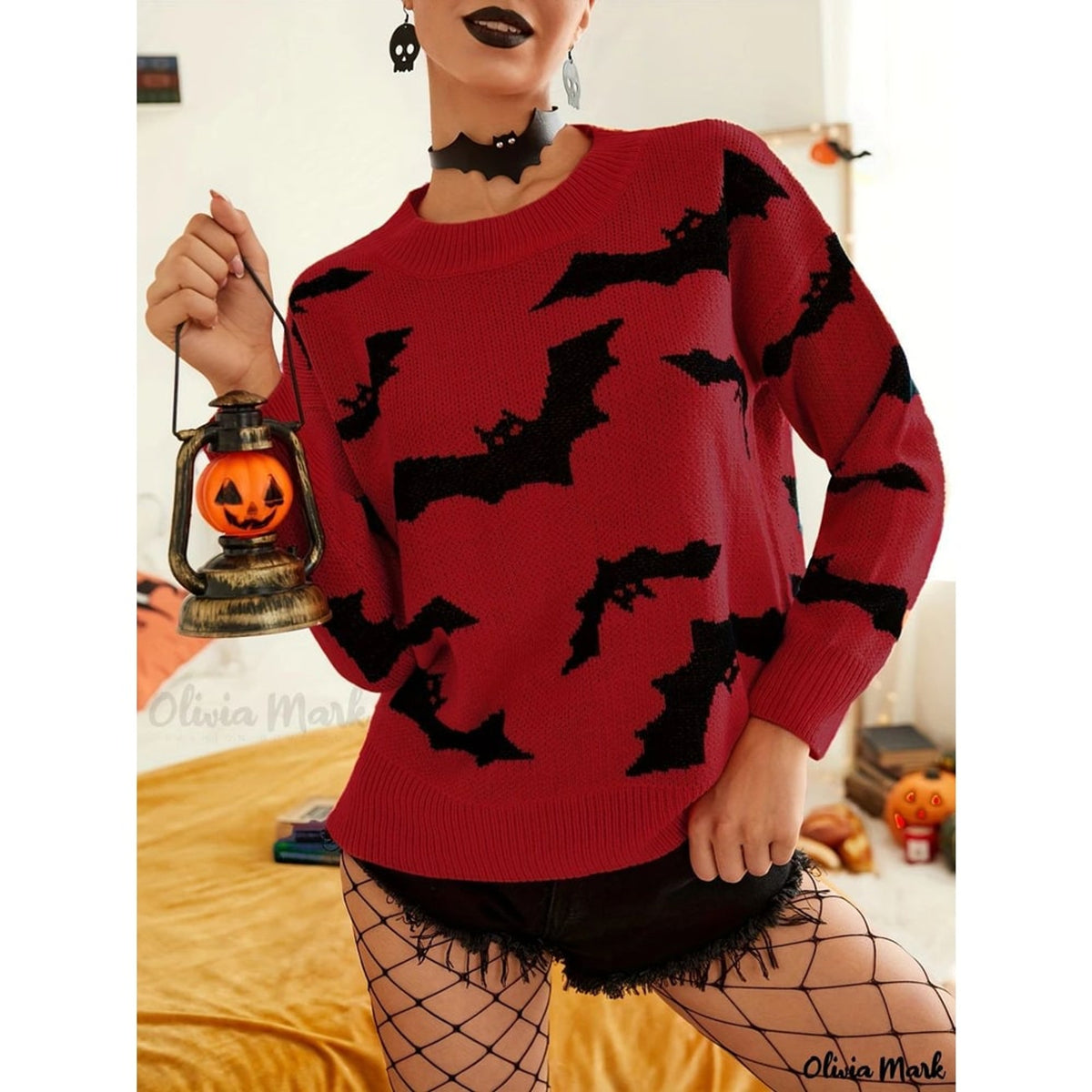 Women's Halloween Sweater with Relaxed Knit Fit and Bat Print - Image 2