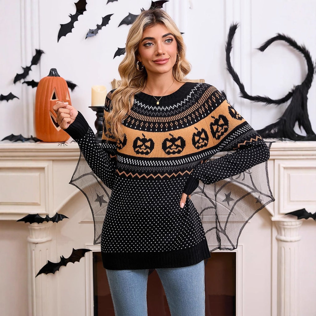 Women's Halloween with Comfortable Retro Sweater and Pumpkin Embroidery - Image 1