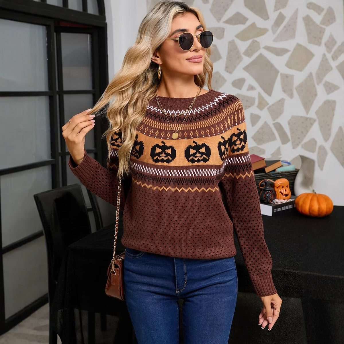 Women's Halloween with Comfortable Retro Sweater and Pumpkin Embroidery - Image 7