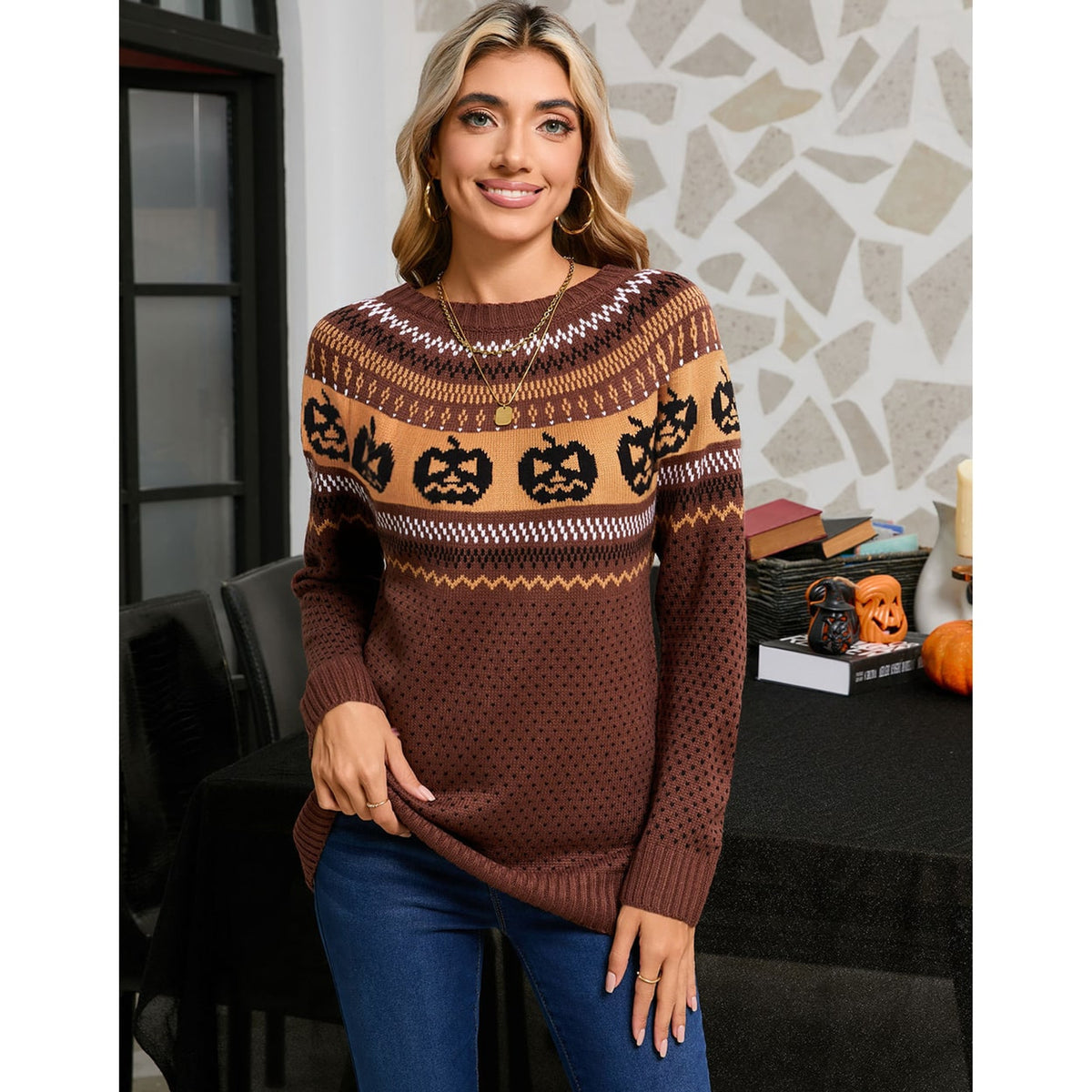 Women's Halloween with Comfortable Retro Sweater and Pumpkin Embroidery - Image 2