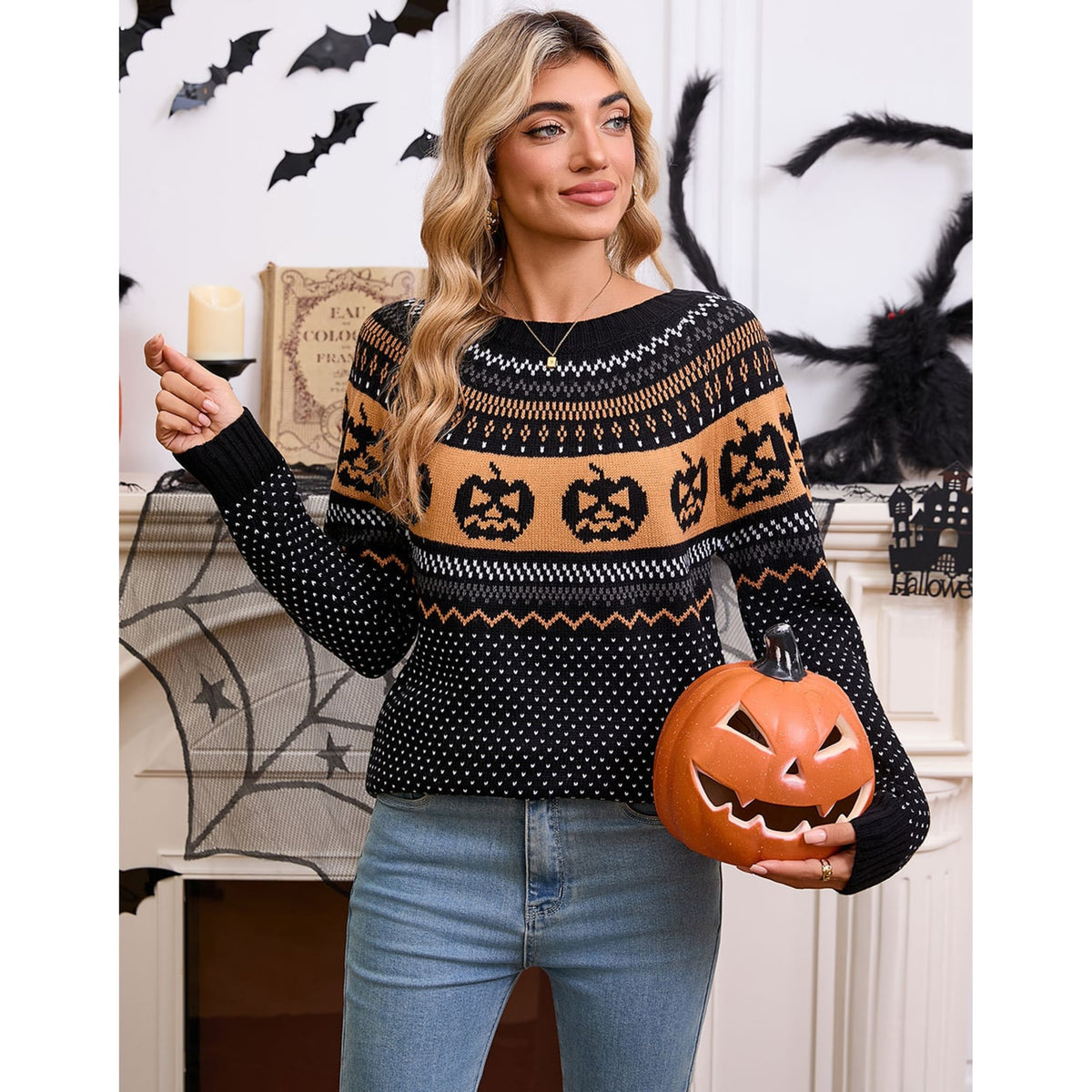 Women's Halloween with Comfortable Retro Sweater and Pumpkin Embroidery - Image 4