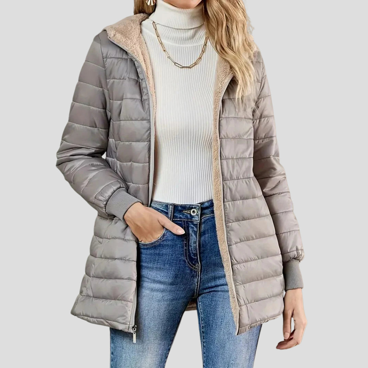 Women's Hooded Puffer Coat with Quilted Longline and Storm Flap - Image 1