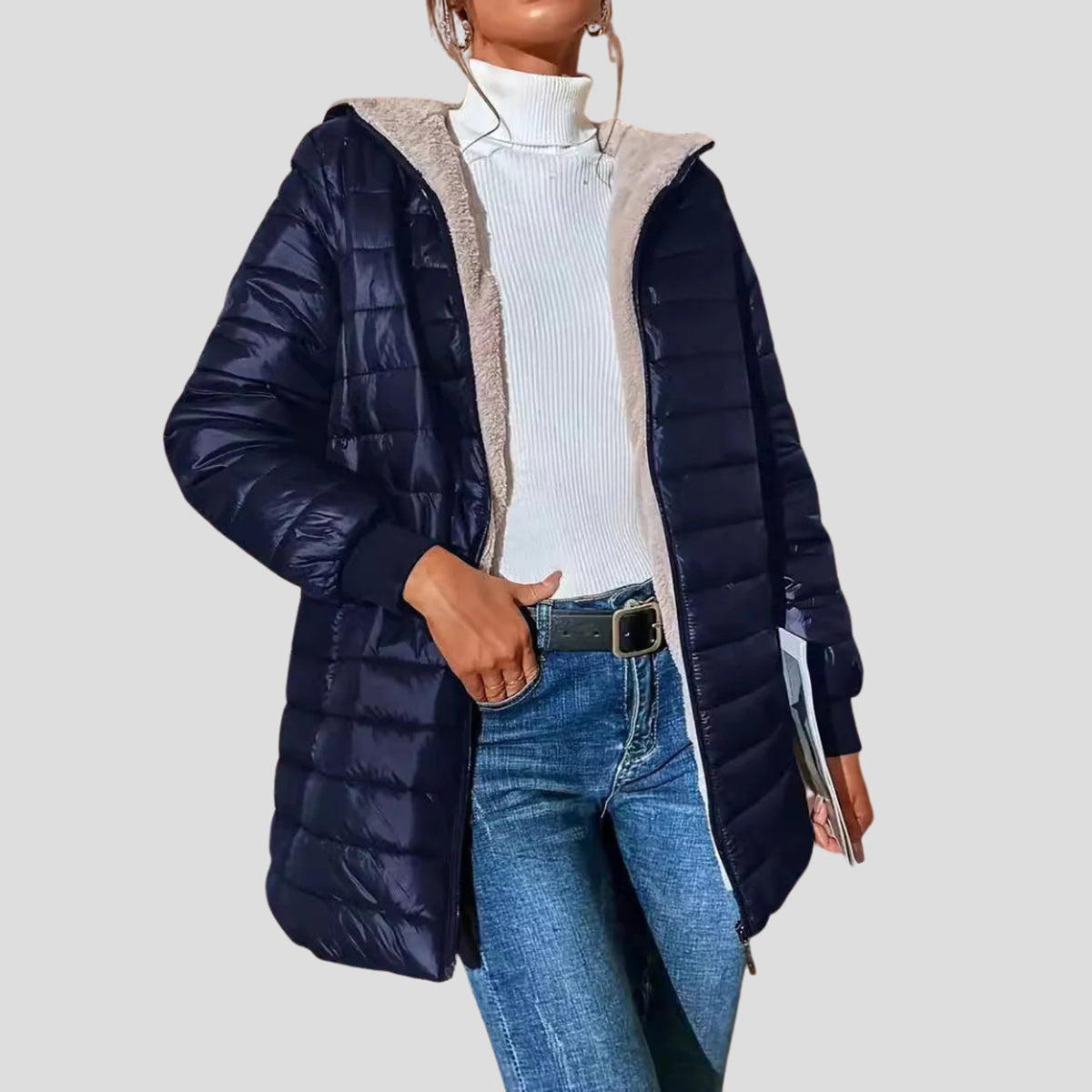 Women's Hooded Puffer Coat with Quilted Longline and Storm Flap - Image 3