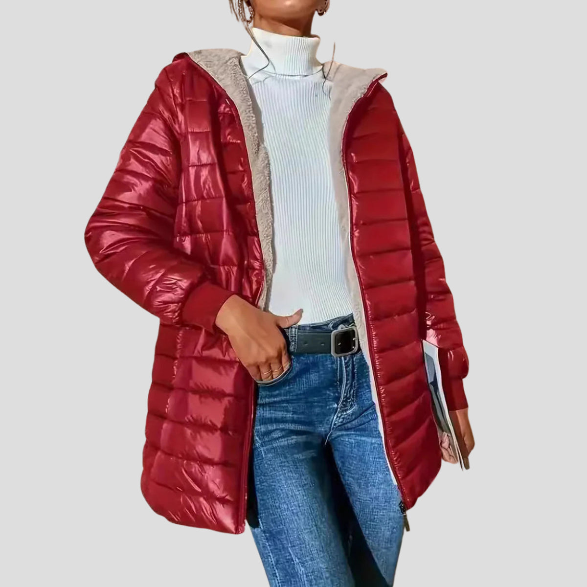 Women's Hooded Puffer Coat with Quilted Longline and Storm Flap - Image 2