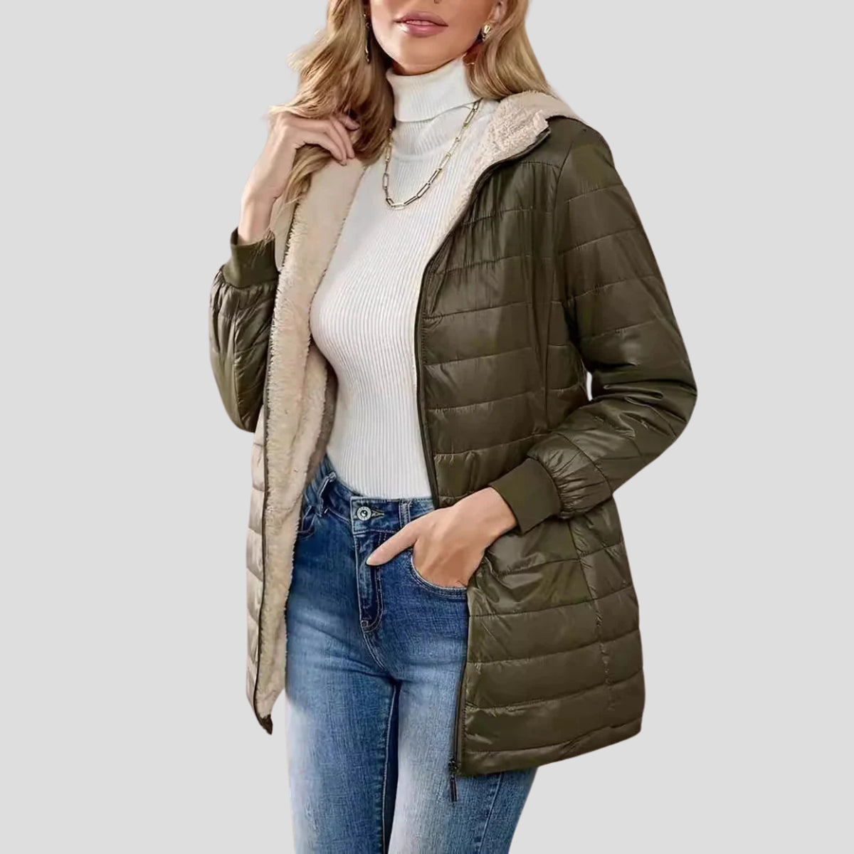 Women's Hooded Puffer Coat with Quilted Longline and Storm Flap - Image 5
