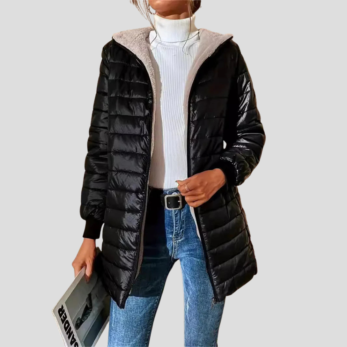 Women's Hooded Puffer Coat with Quilted Longline and Storm Flap - Image 4